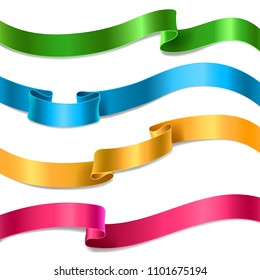 Vector set of flowing satin or silk ribbons in different colors. Horizontal design elements for sale, decoration. Ornate elegant decor objects. Collection for business, celebration