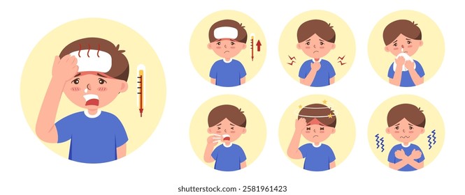 Vector set of flu symptoms: fever, sore throat, runny nose, cough, headache, and chills, featuring a boy. Flat, isolated illustrations on a white background.