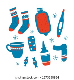 Vector set of flu treatments. Cute kawaii illustration of winter cold flu. Socks, pills, scarf, hot tea, theremometer, nasal spray. Red and blue set with snowflakes for concept and design
