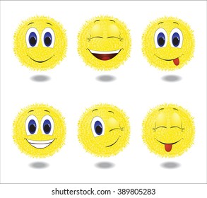 Vector set of fluffy smiles, cartoon emotions of fun and happiness