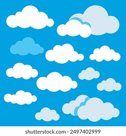 Vector set of fluffy white clouds on a blue sky background. Perfect for weather apps, children illustrations, and nature-themed designs