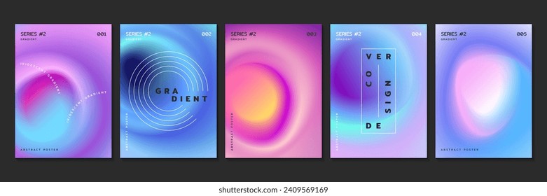 Vector set of fluid gradient backgrounds with radial blur effect. Covers design template with neon blurry circles and iridescent color gradation. Posters with glowing blurry stains in modern style.