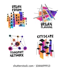 Vector set of fluid gradient hand-drawn logos on the theme of urban planning, city forum, communities, architecture, real estate.