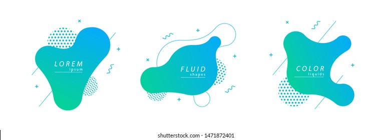 Vector set of fluid isolated abstract geometric blue gradient shapes for modern website and liquid graphic design on the white background. Concept of dynamic composition and liquid color elements.