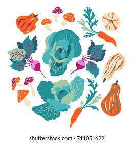 The vector set of fly-agaric and  vegetables: cabbage, decorative pumpkin, carrots, beets. Autumn card with seasonal harvest.
