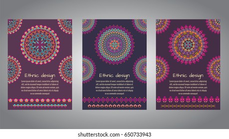 Vector set of flyer templates for business and invitation with mandala patterns. Striped geometric ornaments. Native american indian motifs. Boho style. A4 format with place for text