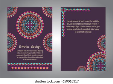 Vector set of flyer templates for business and invitation with mandala patterns. Striped geometric ornaments. Native american indian motifs. Boho style. A4 format with place for text