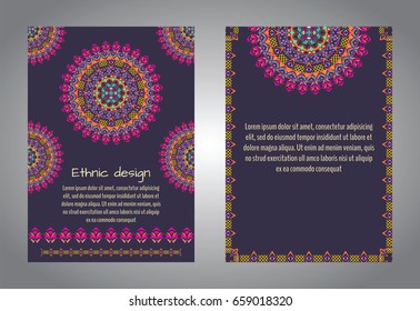 Vector set of flyer templates for business and invitation with mandala patterns. Striped geometric ornaments. Native american indian motifs. Boho style. A4 format with place for text