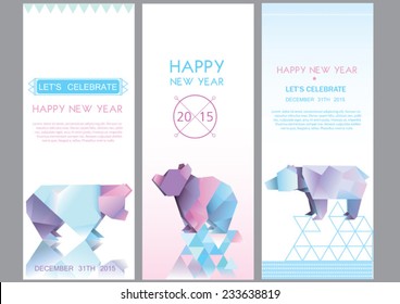 Vector set of flyers, geometric stylized bears, polygonal model. New year, Christmas.