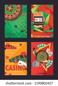 Vector set of flyers or posters about casino and gambling games. Bright cards made with flat objects like money bet roulette, token and money prizes.