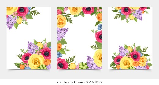 Vector set of flyers with red, pink, orange yellow and purple roses, anemones and lilac flowers and green leaves.
