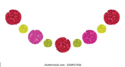 Vector Set of Flyffy Red, Pink, and YellowBirthday Party Paper Pom Poms. Great for handmade cards, invitations, wallpaper, packaging, nursery designs.