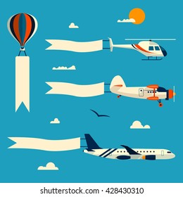 Vector set of flying balloon, helicopter, airplane and retro biplane with advertising banners. Template for text. Design elements in flat style.