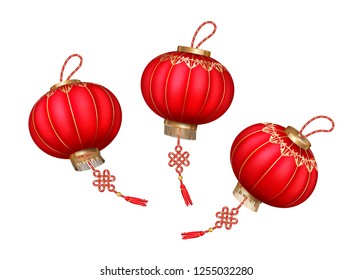 Vector set of flying Chinese paper lanterns for Happy New Year on white background