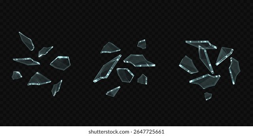 Vector set of flying glass shards. Explosion or collision effect. Sharp parts of mirror, ice, window, screen, crystal. Transparent black background. Isolated icons. Illustration.