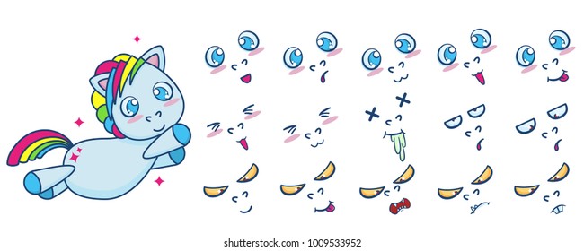 Vector set of flying little pony with different face emotions. Cute cartoon illustration
