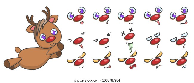 Vector set of flying rudolph reindeer with different face emotions. Cute cartoon illustration