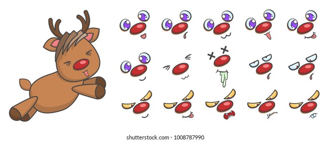 Vector set of flying rudolph reindeer with different face emotions. Cute cartoon illustration