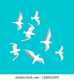 Vector set flying seagulls. Seagulls isolated on a light blue background. Editable flat illustration. Top view. Trendy concept for infographics, catalogs, information and travel guides on marine theme