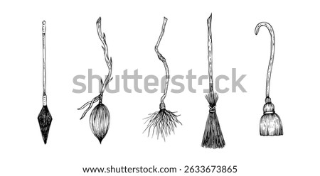 Vector set of flying witch's brooms. Hand painted linear wizard halloween illustration. Graphic monochrome sketch isolated on background. For designers, prints, logo, icon, menu, postcards, holiday