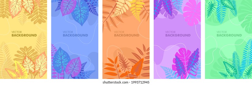 Vector set of foliage backgrounds. bright vibrant banners, posters, cover design templates, social media stories wallpapers with spring leaves and flowers