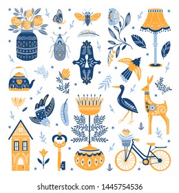 Vector set of Folk art cliparts in Scandinavian and Nordic style isolated on white.