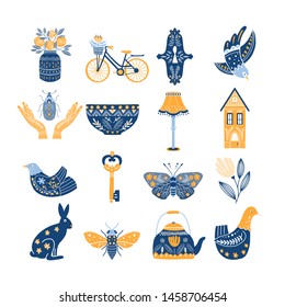 Vector set of Folk art cliparts in Scandinavian and Nordic style isolated on white.