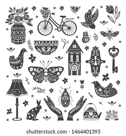 Vector set of Folk art cliparts in Scandinavian and Nordic style isolated on white.