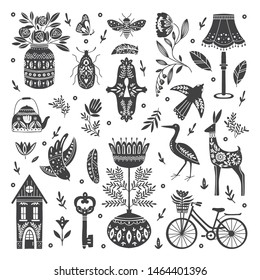 Vector set of Folk art cliparts in Scandinavian and Nordic style isolated on white.