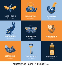 Vector set of Folk art colorful cards and text in Scandinavian and Nordic style.