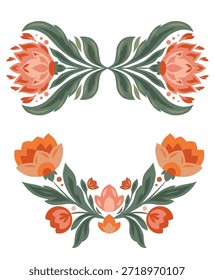 Conjunto de Vector de marcos de flores de arte popular. Colección de divisor floral geométrico. Ideal para embalaje, textiles, pegatinas, papelería