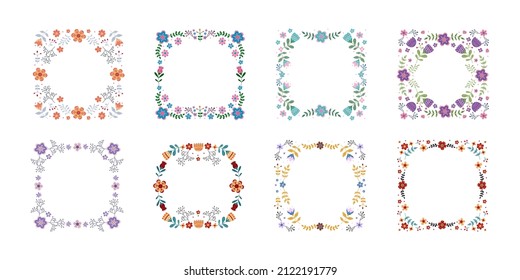 Vector set of folk frames with flowers and leaves.Nature border for greating or post card, invitation. Illustration in scandinavan style.