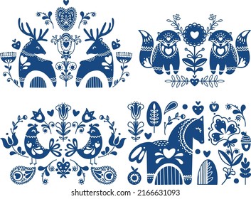 Vector set of folk motives and ornaments. National traditional ornaments with decorative animals, flowers and plants. Floral and animal folk compositions.