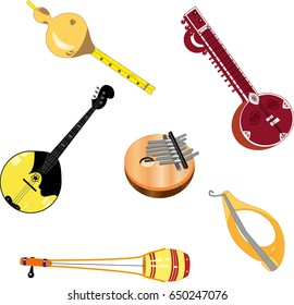 Vector set of folk traditional musical instruments: snake flute, calimba, domra, sitar, jew's harp, ektara 