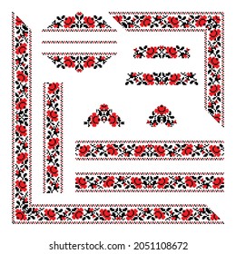 Vector set of folk Ukrainian ornaments: Ukrainian national seamless borders, patterns, corners, signs and template. Traditional black and red Ukrainian embroidery on white background