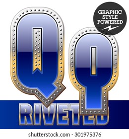 Vector set of font in blue color with riveted border. Letter Q