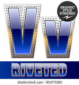 Vector set of font in blue color with riveted border. Letter V