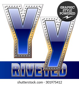 Vector set of font in blue color with riveted border. Letter Y