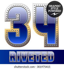 Vector set of font in blue color with riveted border. Numbers 3 4
