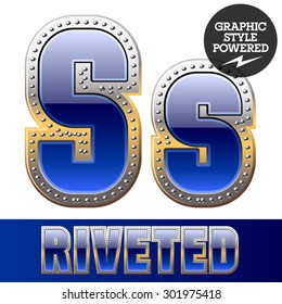 Vector set of font in blue color with riveted border. Letter S