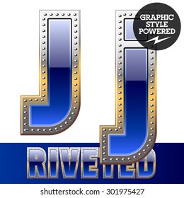 Vector set of font in blue color with riveted border. Letter J