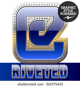 Vector set of font in blue color with riveted border. Symbols