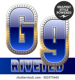 Vector set of font in blue color with riveted border. Letter G