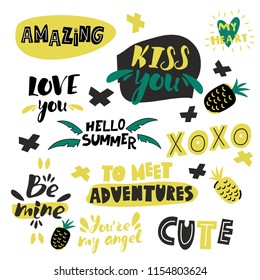 Vector set of font labels. Cute stickers for decoration.