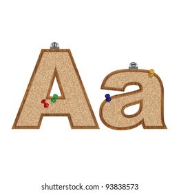 Vector set of font looking as a cork board with 3D pushpins - letter A