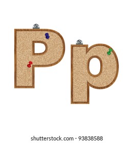 Vector set of font looking as a cork board with 3D pushpins - letter P