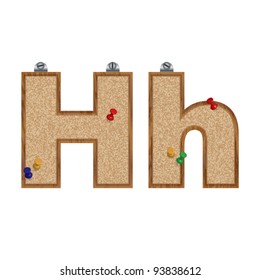 Vector set of font looking as a cork board with 3D pushpins - letter H