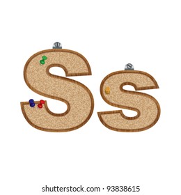 Vector set of font looking as a cork board with 3D pushpins - letter S