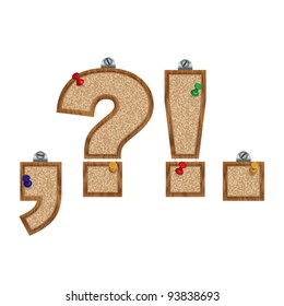 Vector set of font looking as a cork board with 3D pushpins - symbol set (question mark, exclamation, comma, dot)