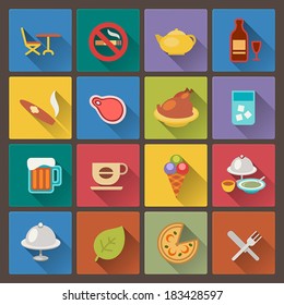 Vector set of food and alcohol drink icons in flat design style